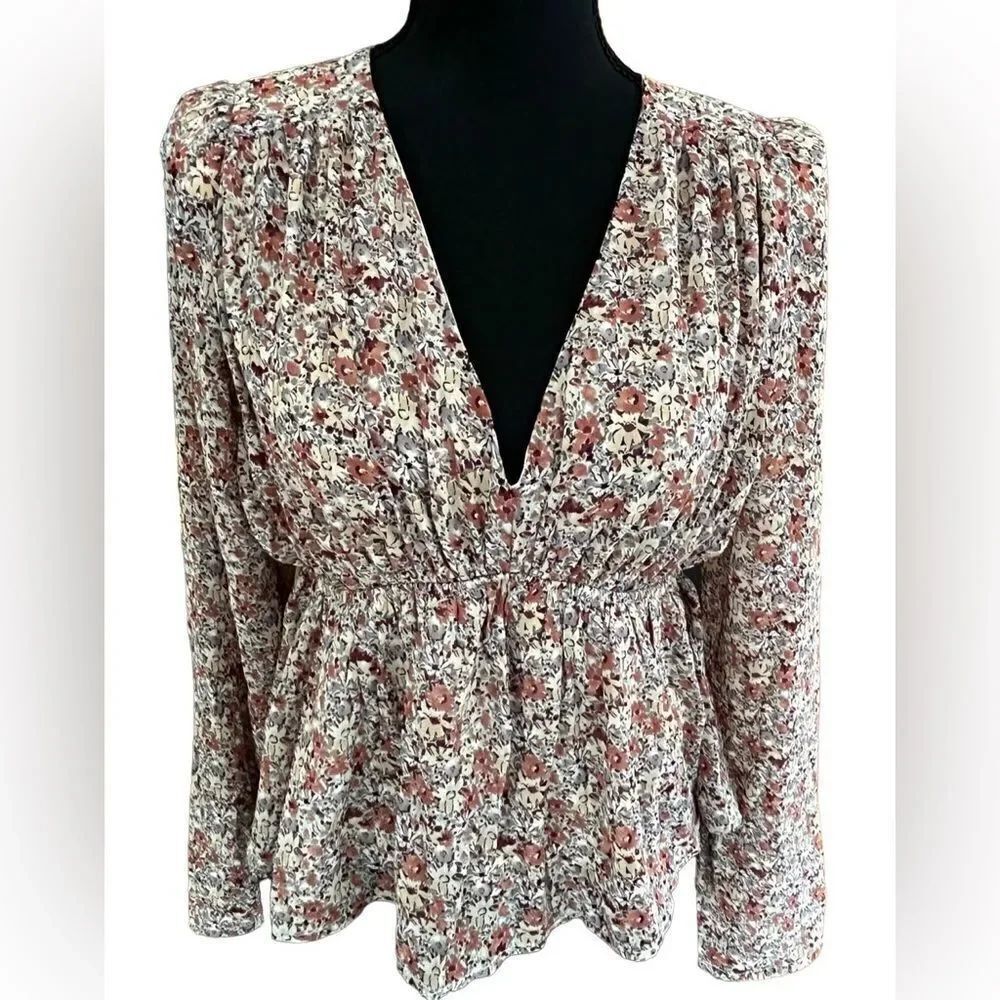 ENTRO v neck empire style top, lined, with chiffon floral overlay, size S